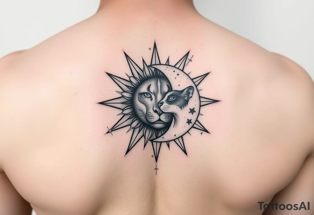 celestial sun and moon embrace with panther constellation patterns tattoo idea