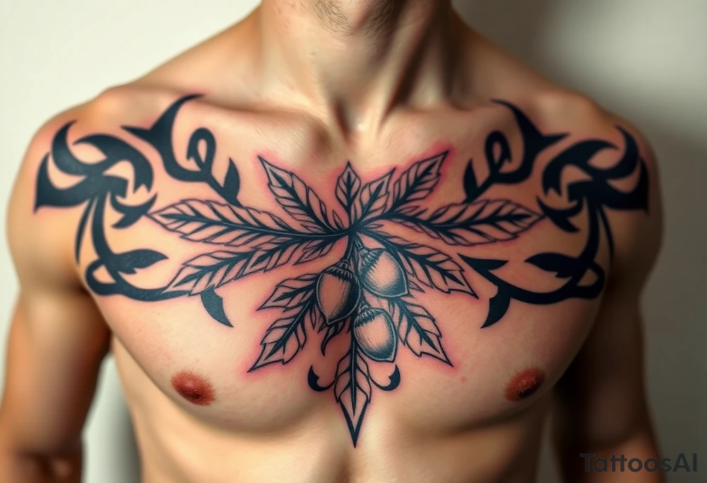 on the chest an oak branch with thick leaves and acorns oak branch with thick leaves and acorns tattoo idea