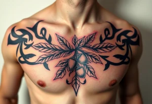on the chest an oak branch with thick leaves and acorns oak branch with thick leaves and acorns tattoo idea