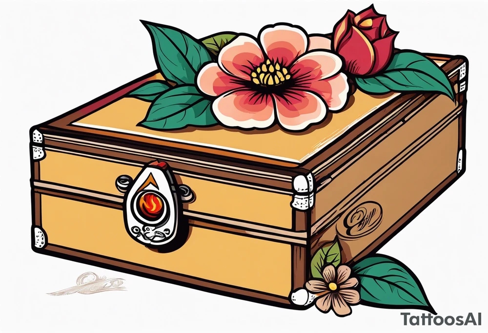 An sailor Jerry style tattoo of a vintage cigar box with one lit cigar and one flower on top tattoo idea