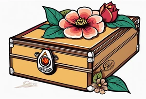 An sailor Jerry style tattoo of a vintage cigar box with one lit cigar and one flower on top tattoo idea