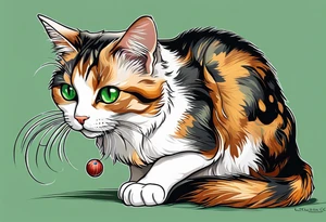 Calico cat with green eyes playing with a cricket toy tattoo idea