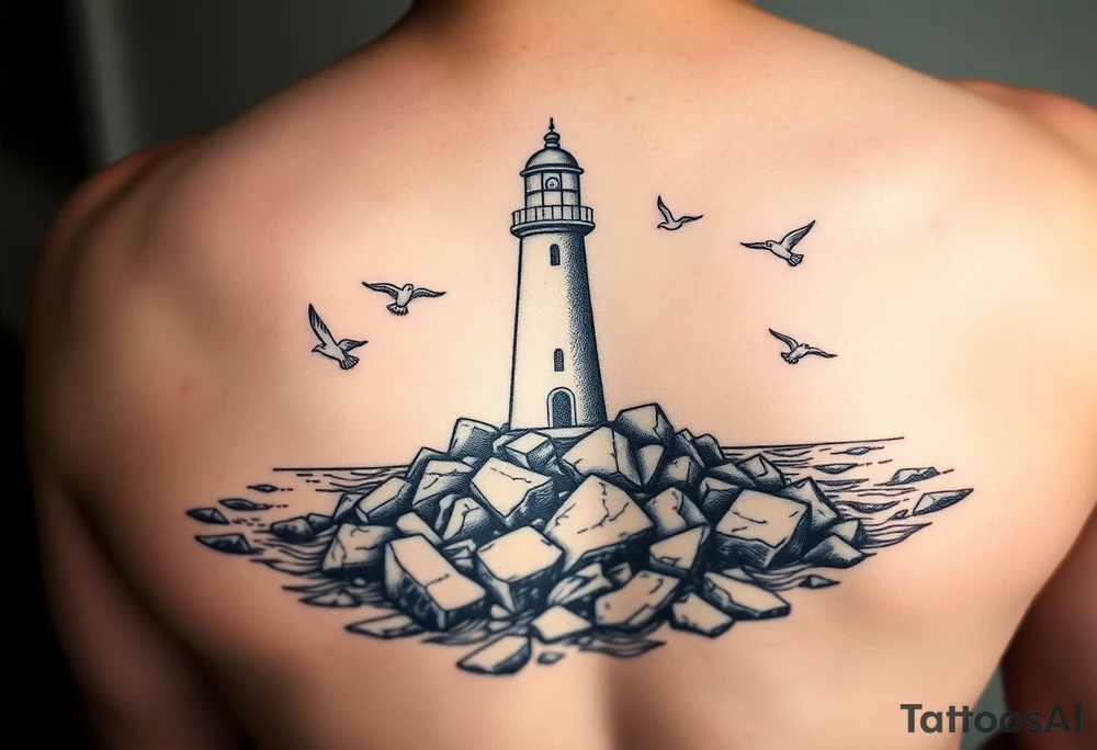 Lighthouse surrounded by boulders in the sea with high waves and seagulls flying around tattoo idea