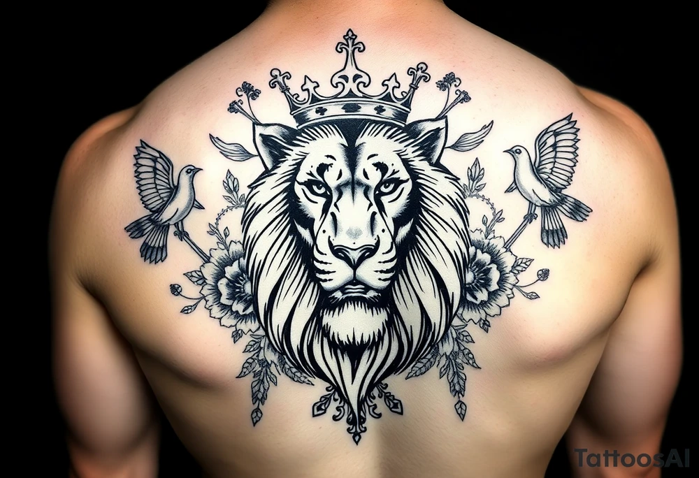 powerful majestic lion with a crown, surrounded by floral ornaments and birds tattoo idea