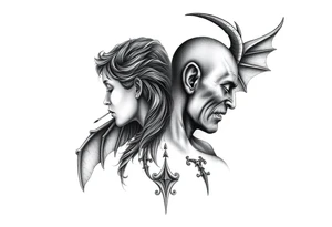 position behind the neck Angel (on the right) whispering in the right ear, demon (on the left) whispering in the left ear. It must be as realistic as possible. tattoo idea