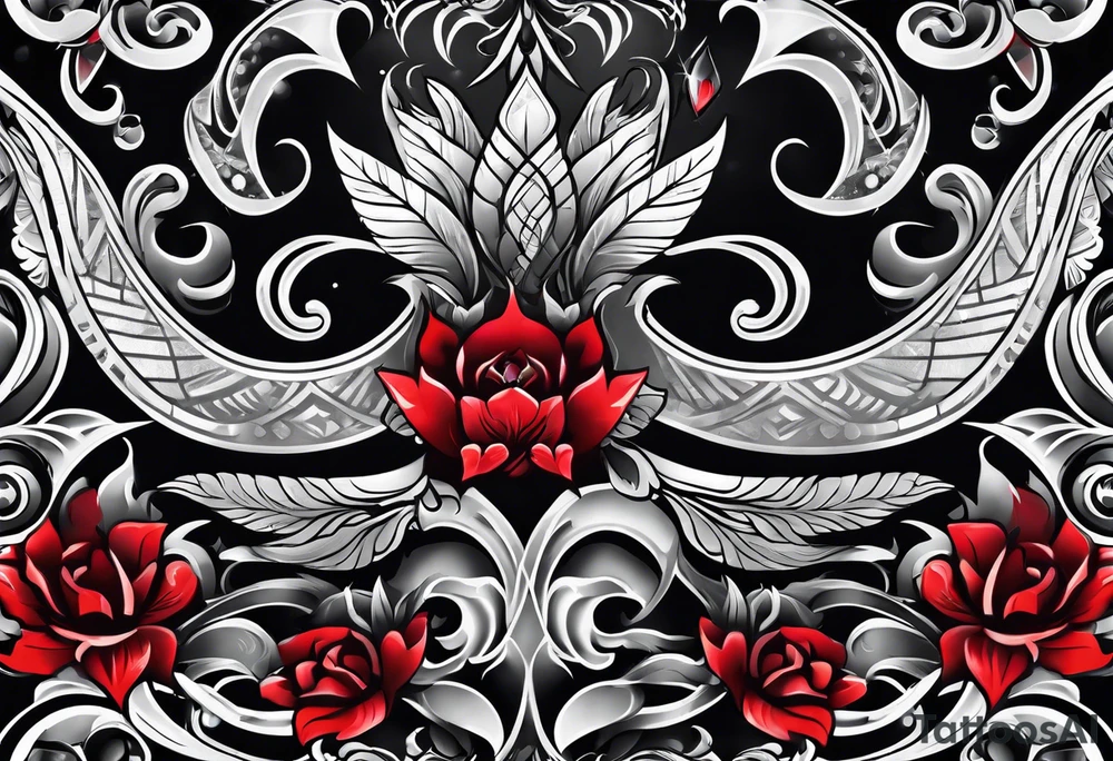Full Arm sleeve, black, gray, silver, red tattoo idea