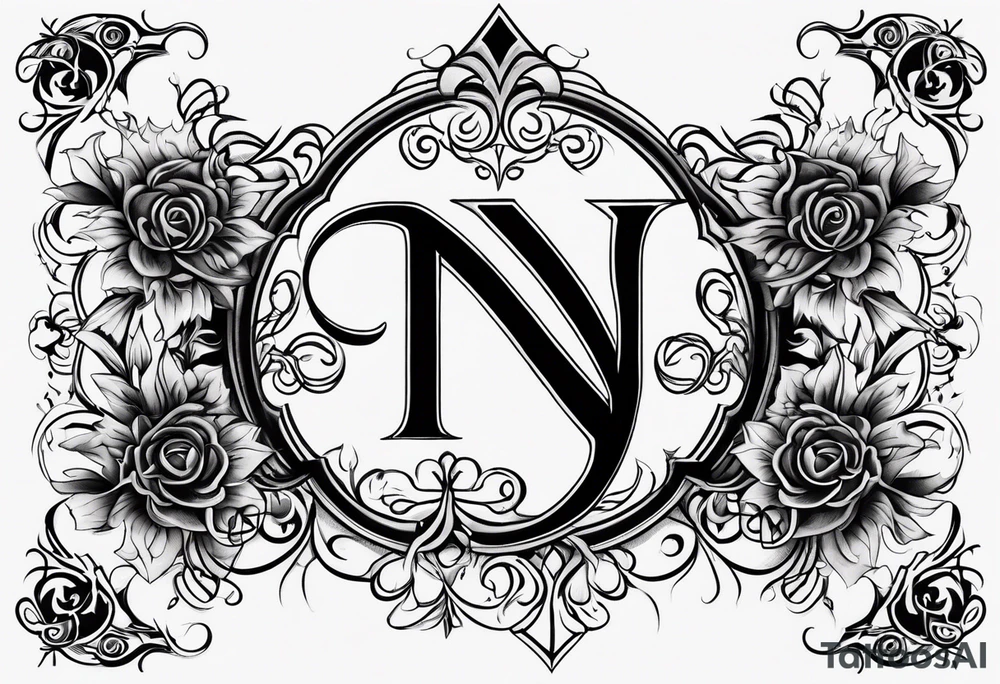The initials N.A.J.E. in edwardian script surrounded by symmetrical smoke and intricate design tattoo idea