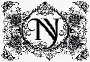 The initials N.A.J.E. in edwardian script surrounded by symmetrical smoke and intricate design tattoo idea