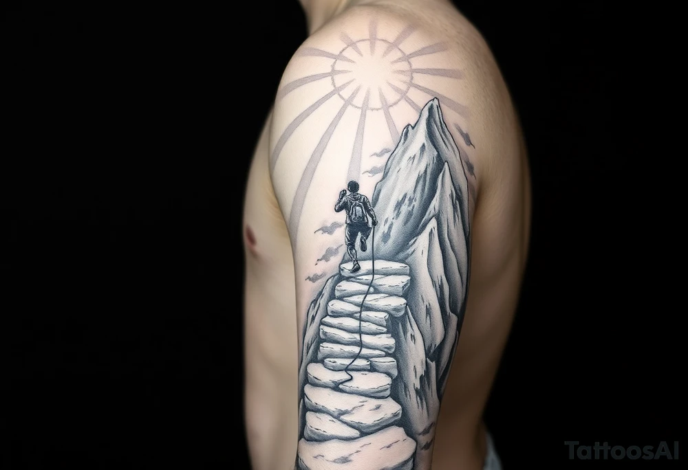 A black and grey tattoo sleeve design featuring a rugged mountain path winding upwards, symbolizing perseverance. A lone figure climbs the path with torn but determined hands gripping a rope. The background fades into storm clouds with rays of light breaking through, symbolizing divine favor. The texture of the tattoo is realistic with fine details, blending elements of stoicism, grit, and faith. The design flows seamlessly from forearm to upper arm, with darker tones at the bottom and lighter tones at the top. tattoo idea