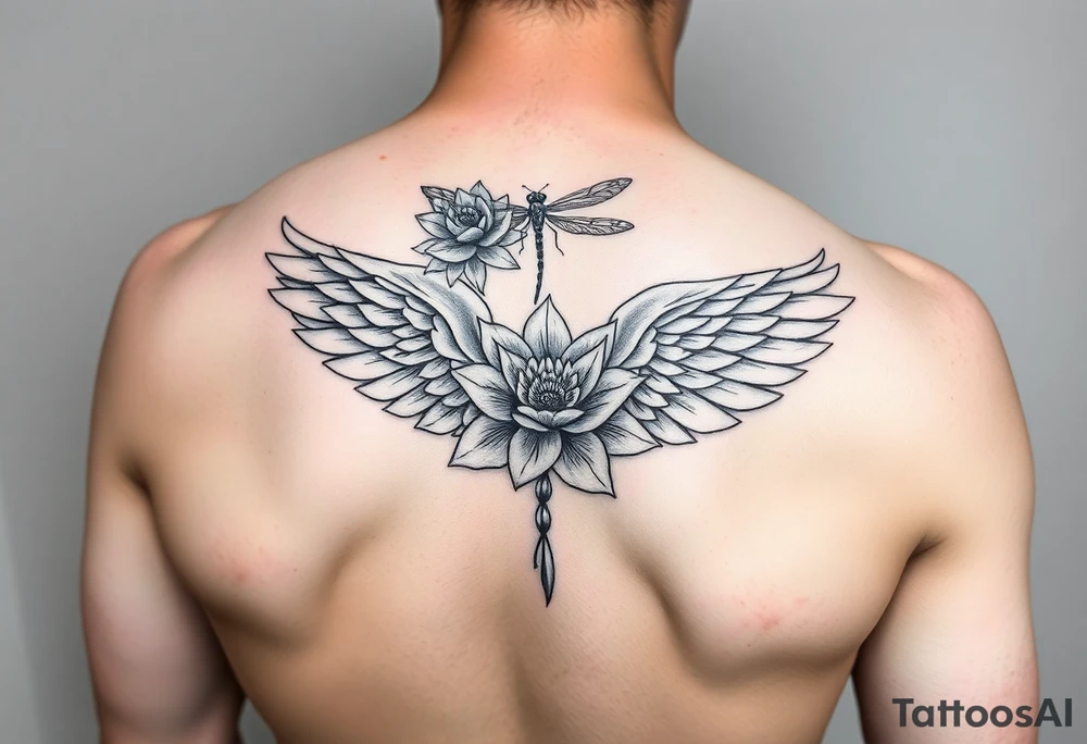 One Angel wing shoulder design with a floral waterlily and dragonfly design above it tattoo idea