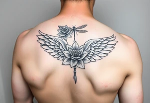 One Angel wing shoulder design with a floral waterlily and dragonfly design above it tattoo idea