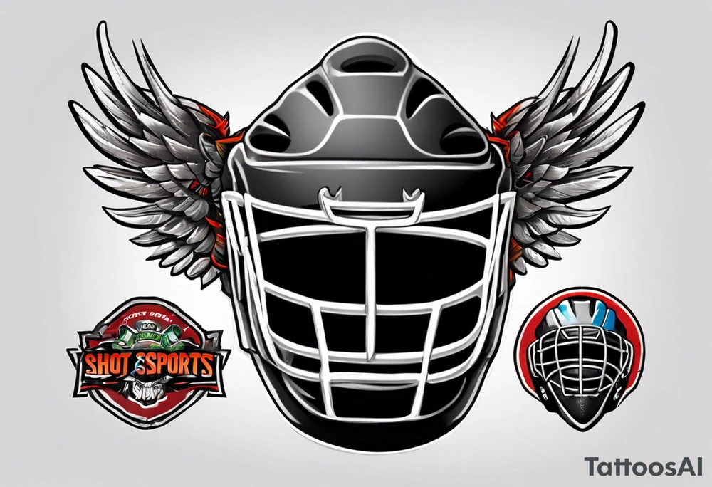hockey puck with wings and a goalie mask that says "SHOT SPORTS" tattoo idea