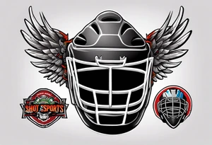hockey puck with wings and a goalie mask that says "SHOT SPORTS" tattoo idea
