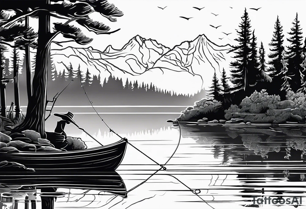 Fishing rod on a lake bank
do not put a fish in the picture fine line silhouette tattoo idea