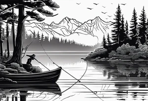 Fishing rod on a lake bank
do not put a fish in the picture fine line silhouette tattoo idea