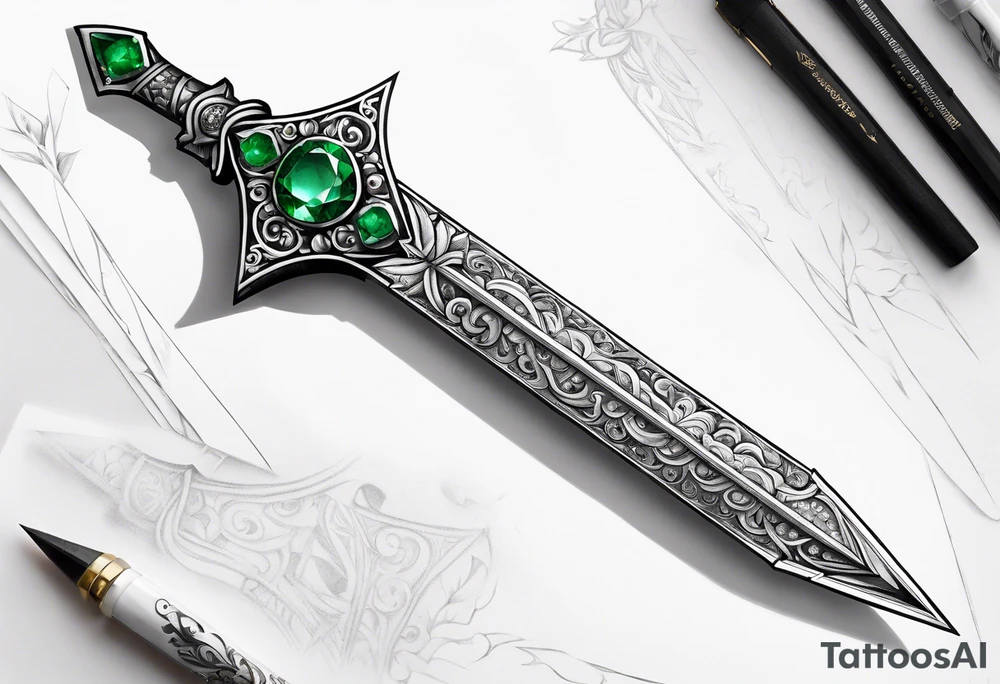 An athame dagger with the hilt turned upward and emerald gemstones on the hilt tattoo idea