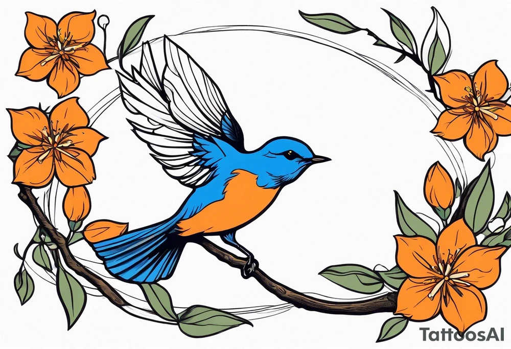 bluebird flying off of branch with orange blossoms tattoo idea