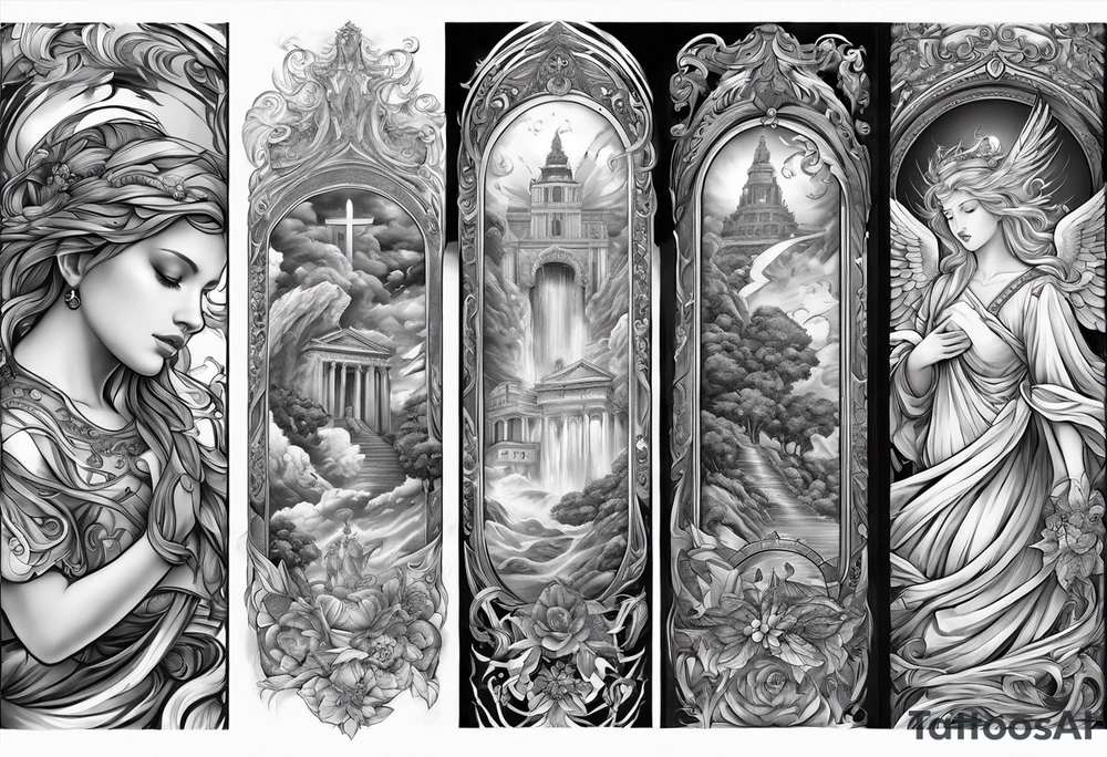 arm sleeve heaven at the top, angel
falling down hellscape at bottom tattoo idea