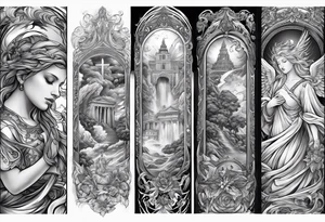 arm sleeve heaven at the top, angel
falling down hellscape at bottom tattoo idea