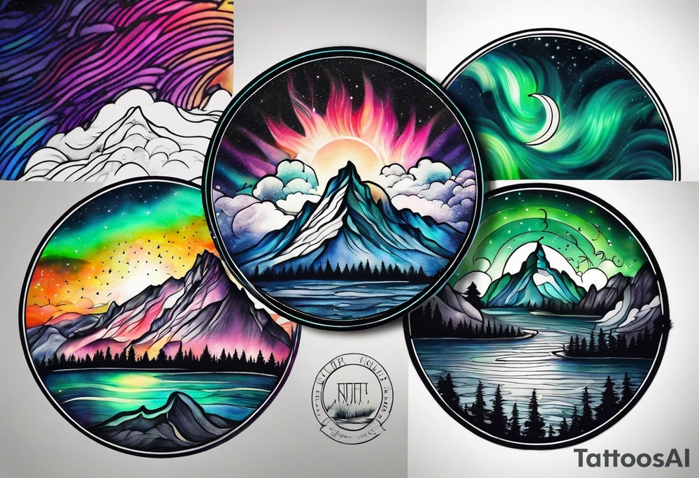northern lights mountain circle shaped tattoo idea
