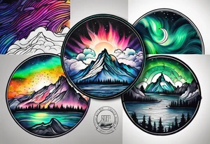 northern lights mountain circle shaped tattoo idea