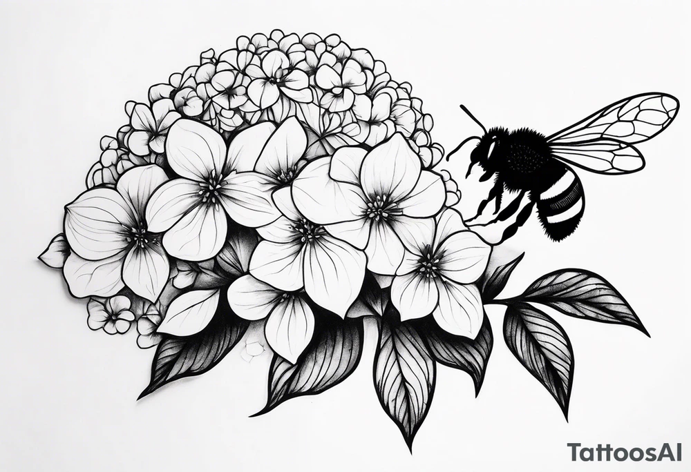 3 in by 2 in minimalist tattoo for forearm of a Hydrangea and bee tattoo idea