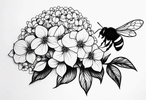 3 in by 2 in minimalist tattoo for forearm of a Hydrangea and bee tattoo idea