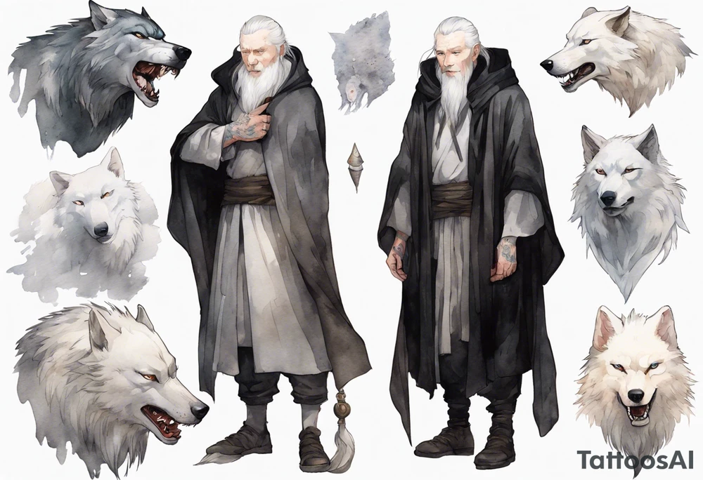 a white-skinned medieval man with grey hair, grey eyes, and a black cloak standing beside a massive albino wolf tattoo idea
