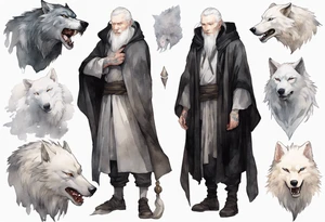 a white-skinned medieval man with grey hair, grey eyes, and a black cloak standing beside a massive albino wolf tattoo idea