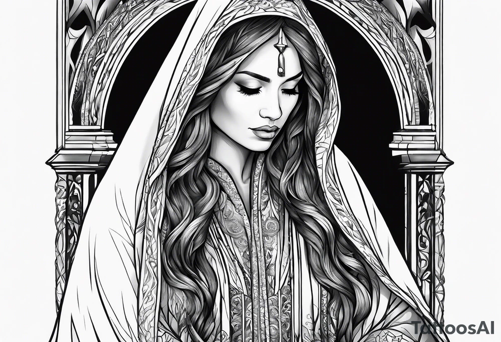 Praying Christian woman in cloak side view tattoo idea