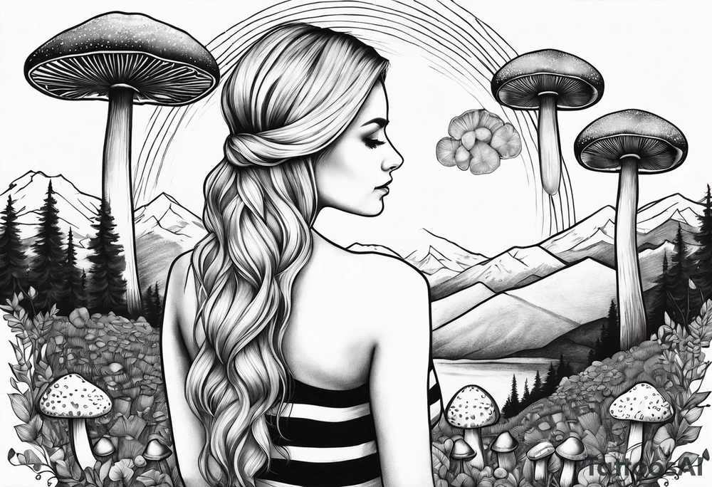 Straight blonde hair girl holding mushrooms in hand facing away toward mountains surrounded by mushrooms circular design black and white striped dress tattoo idea