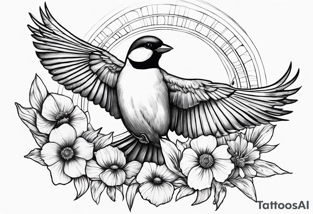 one flying
sparrow, sunrays,
make it a neck sleeve
add in a cosmos, iris, daisy, poppy and larkspur tattoo idea