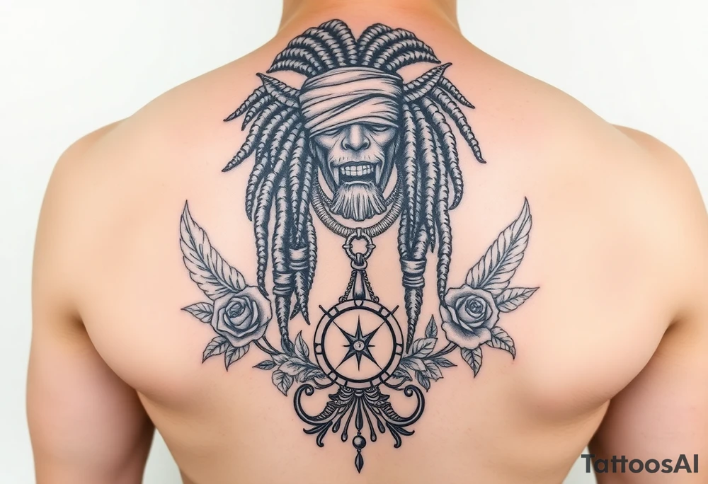 Slyph with dreads wearing blind fold and ankh pendant with tattoos holding weighing scales with the sun and moon rose vines surrounding and Anubis guarding tattoo idea