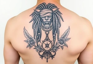 Slyph with dreads wearing blind fold and ankh pendant with tattoos holding weighing scales with the sun and moon rose vines surrounding and Anubis guarding tattoo idea
