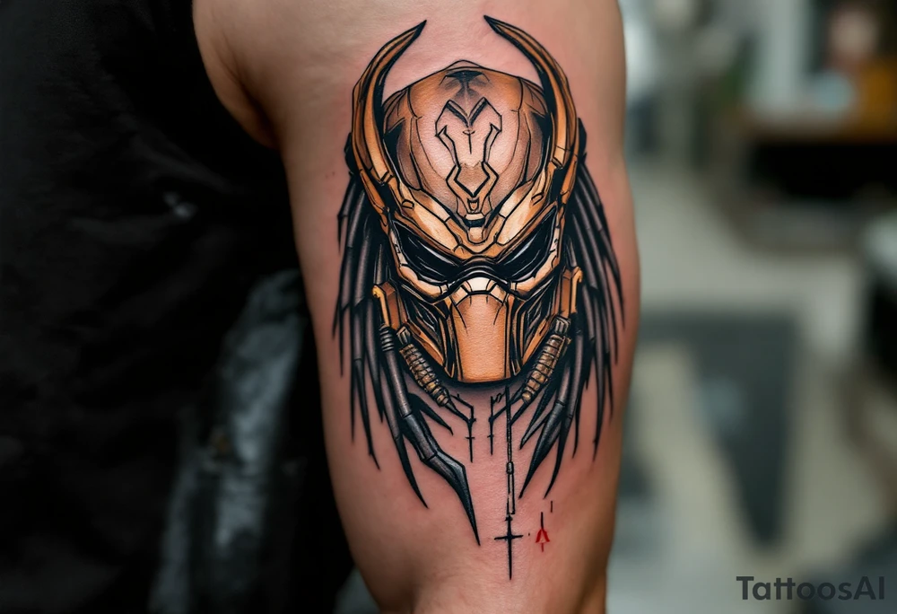 Fugitive Predator – A rogue Yautja from The Predator (2018), featuring bronze skin, modernized armor with gold accents, and a sleek bio-mask with an integrated AI targeting system. It seeks to warn humanity of a greater threat. tattoo idea