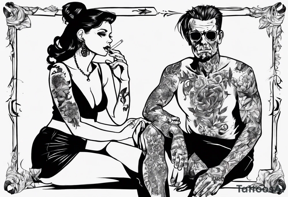 A depiction of a man and a woman. The man stands smoking a cigarette, the woman sits with her legs wide apart tattoo idea