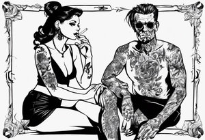 A depiction of a man and a woman. The man stands smoking a cigarette, the woman sits with her legs wide apart tattoo idea