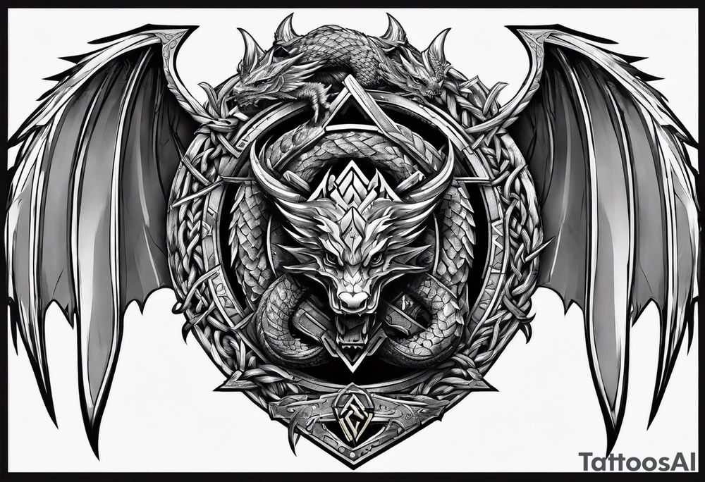 Valhalla sword shield dragon axe Valknut barbed wire chains tattoo idea