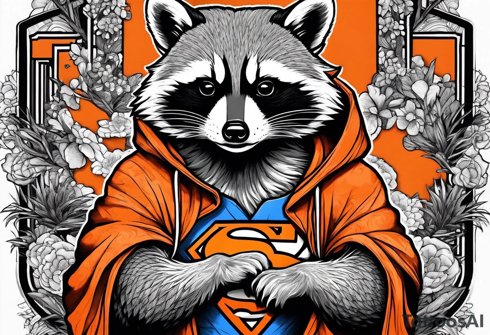 Raccoon wearing an orange Superman hoodie tattoo idea