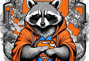 Raccoon wearing an orange Superman hoodie tattoo idea