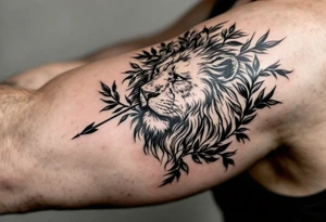 a spiritual lion that come down an arrow and surrounded by a olive tree leaf tattoo idea