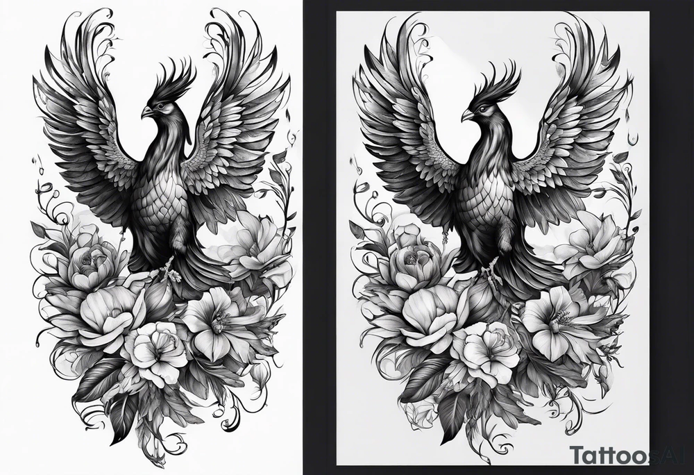 Sleeve with Libra and Phoenix with flowers tattoo idea