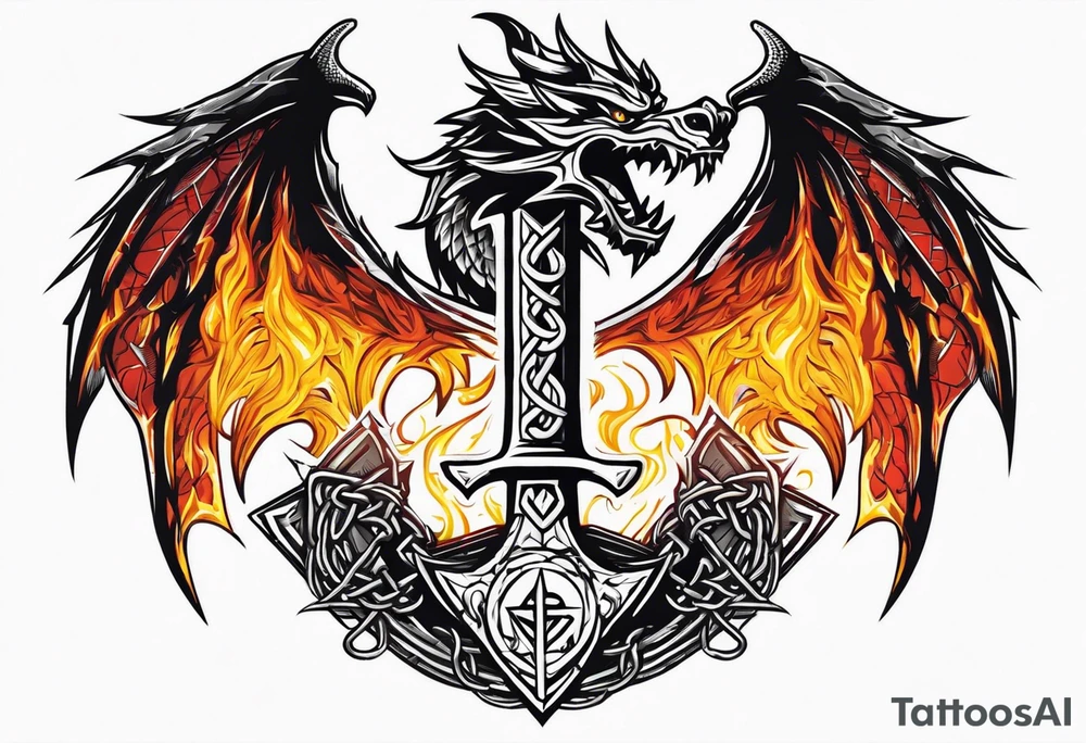 Valhalla sword shield dragon axe Valknut barbed wire chains fire tattoo idea