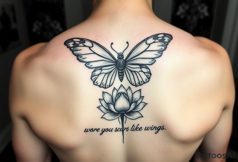 Spine tattoo that has a butterfly with cracked wings and lotus flower with quote that says she wore her scars like wings tattoo idea