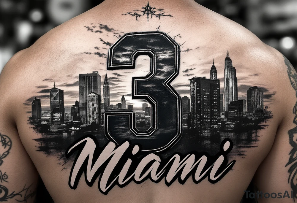 Detailed Miami city skyline at sunset, Miami heat basketball jersey number 3 artistically integrated with the sunset, artistically blend elements of rap music culture throughout image using powerful suggestive imagery, Miami spelled with graffiti style font curving text under entire image tattoo idea