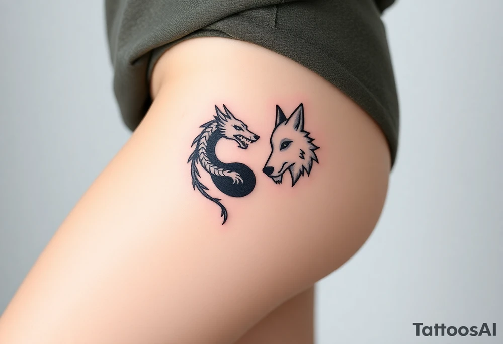 Ying yang symbol with one side a dragon and one side a wolf tattoo idea