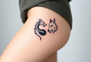 Ying yang symbol with one side a dragon and one side a wolf tattoo idea