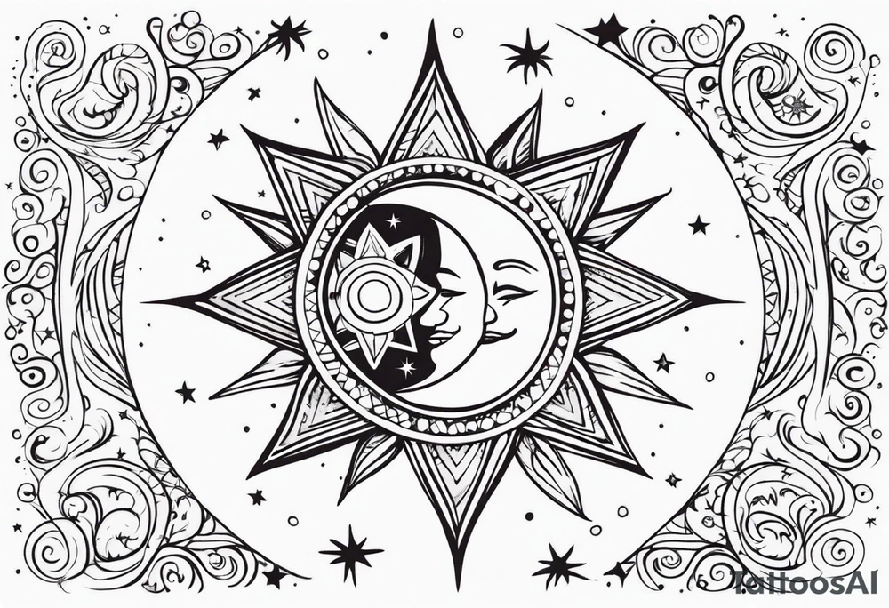 mexican sun stars and moon. Mirrored with swirls and dots and stars tattoo idea