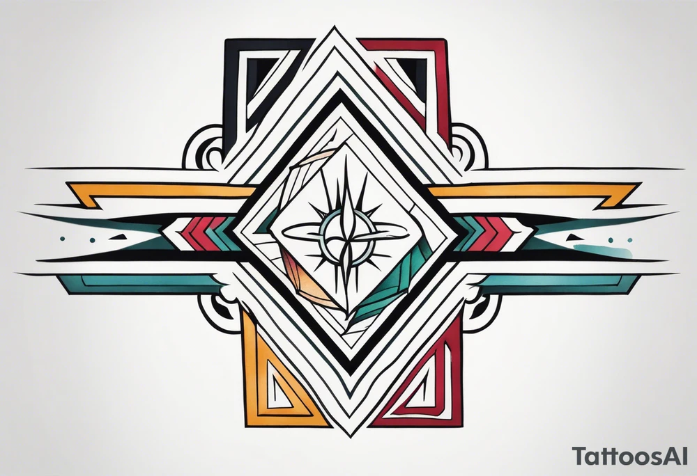 Bold geometric tapestry trident in colour on arm tattoo idea