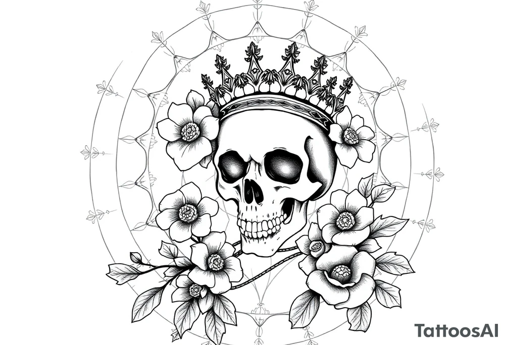 Mandala dream catcher with detailed beautiful gothic boho flowers on vine and skull with gorgeous crown tattoo idea